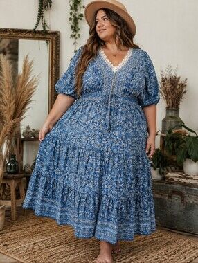 Léa Floral Cottagecore Boho Dress Size 3X Blue Lace Trim Puff Sleeve